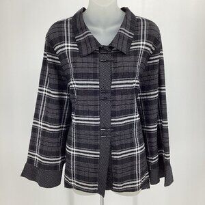 HABITAT Plaid Crinkle Blouse Hi-Low Hem Toggle Buttons 3/4 Cuffed Sleeve Sz XXL